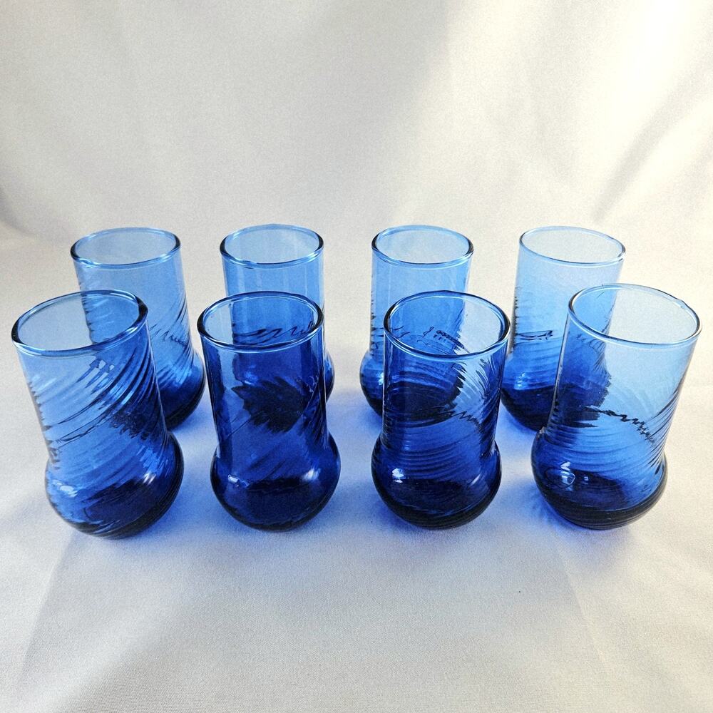 Juice Glasses Cups Set 8 VTG Handblown Cobalt Blue Art Glass Optic Swirl 4oz